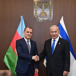 Israeli Prime Minister Benjamin Netanyahu and Azerbaijani Foreign Minister Ceyhun Bayramov in Jerusalem on Mar. 29, 2023. (Photo via Azerbaijani foreign ministry)