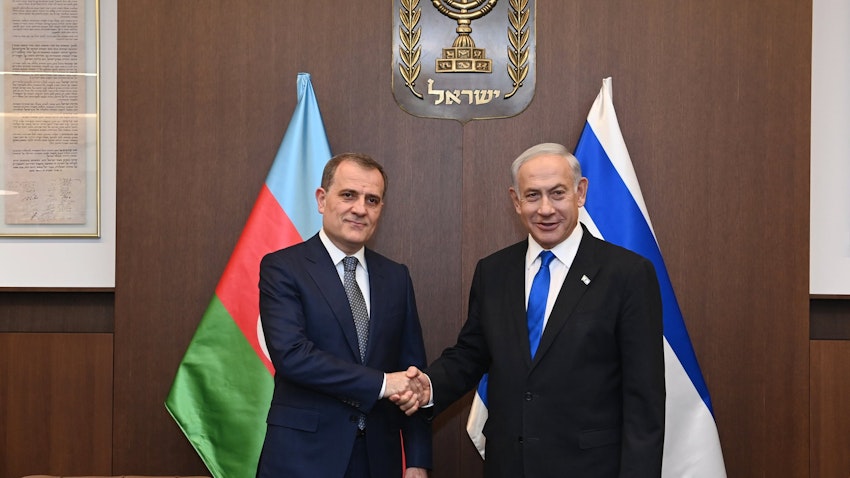 Israeli Prime Minister Benjamin Netanyahu and Azerbaijani Foreign Minister Ceyhun Bayramov in Jerusalem on Mar. 29, 2023. (Photo via Azerbaijani foreign ministry)