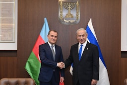 Israeli Prime Minister Benjamin Netanyahu and Azerbaijani Foreign Minister Ceyhun Bayramov in Jerusalem on Mar. 29, 2023. (Photo via Azerbaijani foreign ministry)
