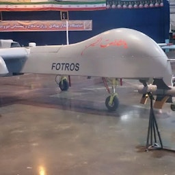 Iranian Defense Ministry-manufactured drone on display at an exhibition in Isfahan, Iran on Aug. 20, 2020. (Photo via Iran’s state broadcaster website)