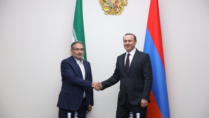 Secretary of the Security Council of Armenia Armen Grigoryan meets his Iranian counterpart Ali Shamkhani in Yerevan, Armenia on July 7, 2022. (Photo via Armenpress)