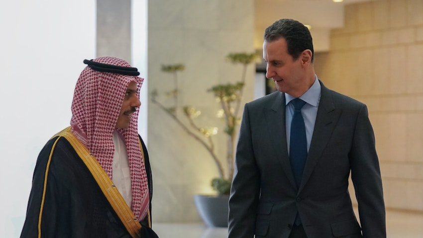 Syrian President Bashar Al-Assad receives Saudi Foreign Minister Faisal bin Farhan Al Saud in Damascus, Syria on Apr. 18, 2023. (Photo via Syrian Presidency/Facebook)