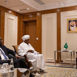 Saudi Arabia’s foreign minister meets with special envoy of the chairman of the Sudan Transitional Sovereignty Council in Riyadh on Apr. 30, 2023. (Photo via Saudi Press Agency)