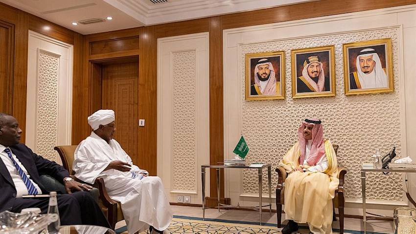 Saudi Arabia’s foreign minister meets with special envoy of the chairman of the Sudan Transitional Sovereignty Council in Riyadh on Apr. 30, 2023. (Photo via Saudi Press Agency)