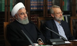 Iran’s former president Hassan Rouhani and ex-parliament speaker Ali Larijani at a meeting of the Supreme Council of Cultural Revolution in Tehran on May, 8, 2019. (Photo via Iranian presidency's website)