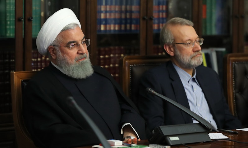 Iran’s former president Hassan Rouhani and ex-parliament speaker Ali Larijani at a meeting of the Supreme Council of Cultural Revolution in Tehran on May, 8, 2019. (Photo via Iranian presidency's website)