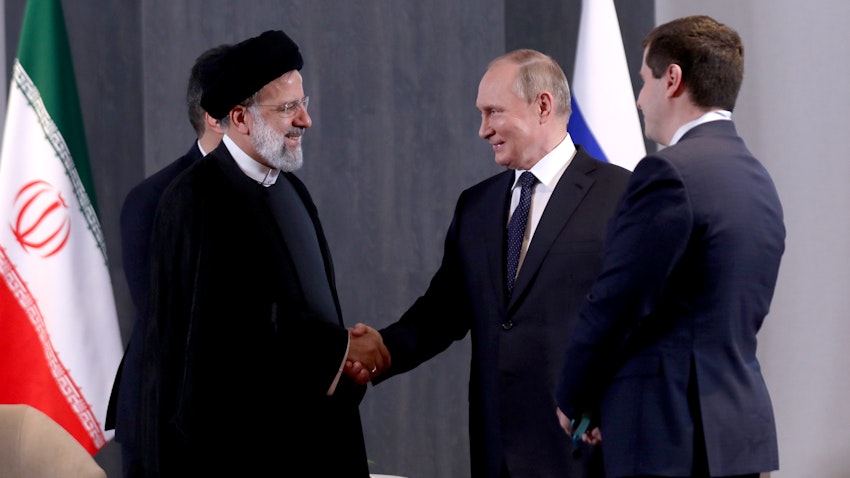 Iranian President Ebrahim Raisi meets with Russian President Vladimir Putin at the Shanghai Cooperation Organization (SCO) Summit in Samarkand, Uzbekistan on Sept. 15, 2022. (Photo via Iranian presidency)