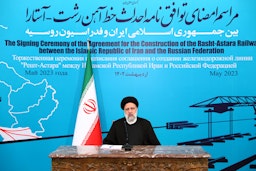 Iran’s President Ebrahim Raisi oversees the signing of a railway agreement with Russia during a ceremony in Tehran, on May 17, 2023. (Photo via Iranian Presidency)