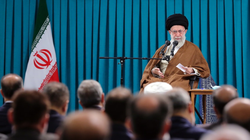 Iran's Supreme Leader Ayatollah Ali Khamenei addresses foreign ministry officials in Tehran on May 20, 2023. (Photo via Iran’s supreme leader’s website)