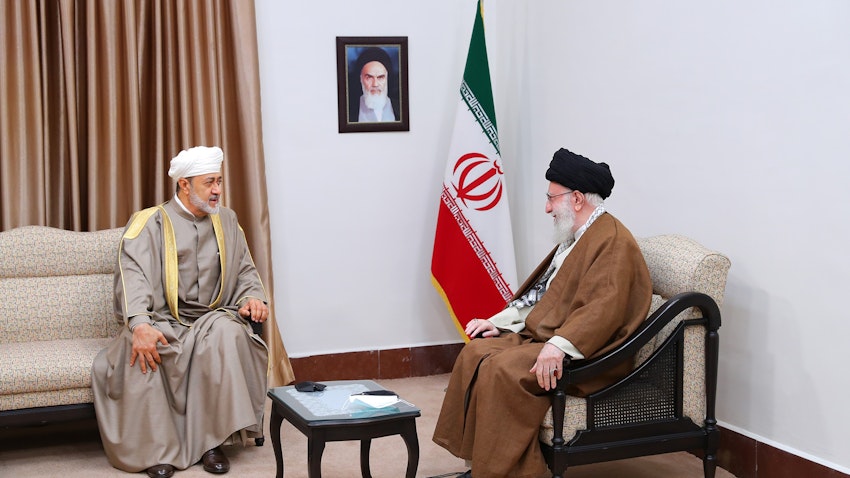 Iran’s Supreme Leader Ayatollah Ali Khamenei meets Sultan of Oman Haytham bin Tareq Al Said in Tehran, Iran on May 29, 2023. (Photo via Iran’s supreme leader’s website)