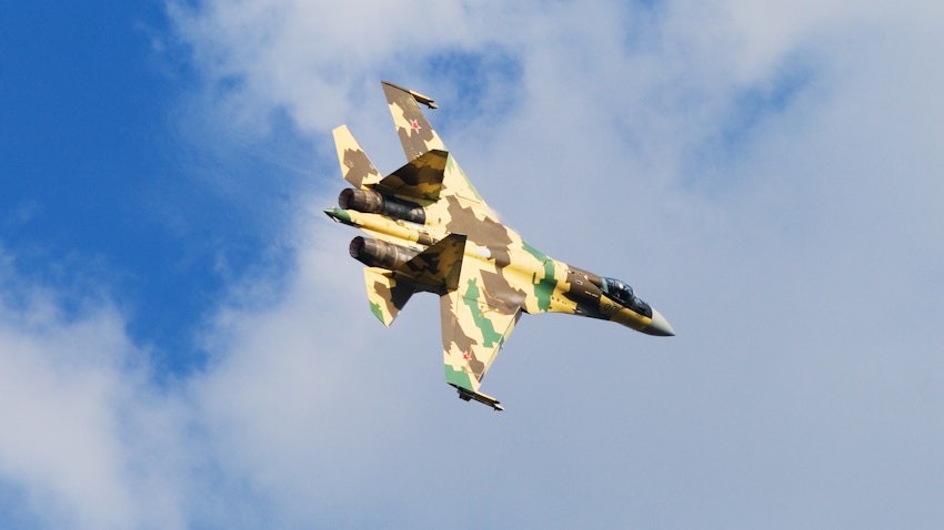 A Russian-made Sukhoi Su-35 fighter jet flies during the 100 year anniversary of the Russian Air Force on Aug. 6, 2012. Location unknown. (Photo by Artem Katranzhi via Wikimedia Commons)