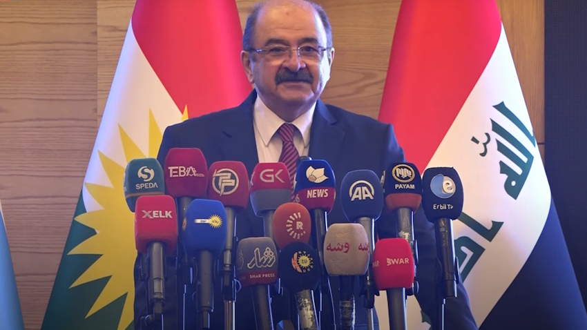 Turkmen National Will Party leader Mahmoud Chalabi speaks at the group’s inaugural congress in Erbil, Iraq on Mar. 4, 2023. (Photo via TEBA Ajansi/YouTube)