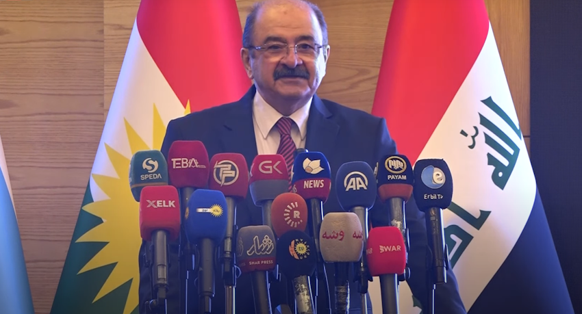 Turkmen National Will Party leader Mahmoud Chalabi speaks at the group’s inaugural congress in Erbil, Iraq on Mar. 4, 2023. (Photo via TEBA Ajansi/YouTube)