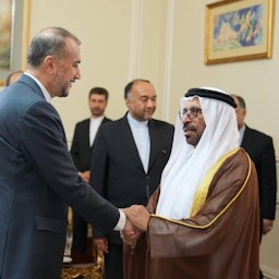 UAE Minister of State Khalifa Shaheen Al-Marar meets with Iranian Foreign Minister Hossein Amir-Abdollahian in Tehran on May 31, 2023. (Handout photo via WAM)