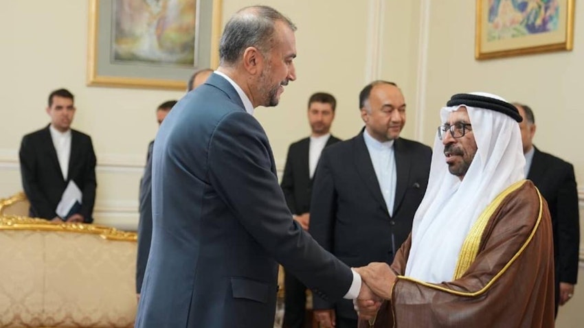 UAE Minister of State Khalifa Shaheen Al-Marar meets with Iranian Foreign Minister Hossein Amir-Abdollahian in Tehran on May 31, 2023. (Handout photo via WAM)