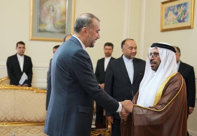 UAE Minister of State Khalifa Shaheen Al-Marar meets with Iranian Foreign Minister Hossein Amir-Abdollahian in Tehran on May 31, 2023. (Handout photo via WAM)