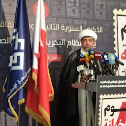 Senior member of Bahrain's dissolved Al-Wefaq opposition group, Hussain Al-Daihi, criticizes Bahraini authorities at an event in Beirut, Lebanon on Sep. 9, 2022. (Source: YusufAlJamri/Twitter)