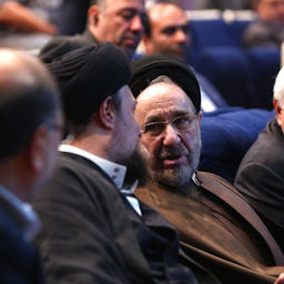 Ex-president Mohammad Khatami and ex-foreign minister Mohammad Javad Zarif attend a mourning ceremony in Tehran, Iran on May 30, 2023. (Photo by Alireza Ramezani via Jamaran)