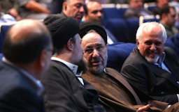 Ex-president Mohammad Khatami and ex-foreign minister Mohammad Javad Zarif attend a mourning ceremony in Tehran, Iran on May 30, 2023. (Photo by Alireza Ramezani via Jamaran)