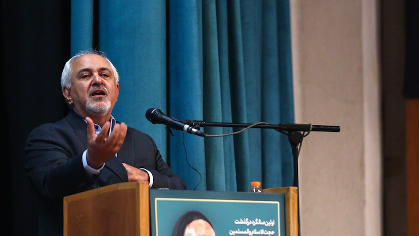 Former foreign minister Javad Zarif speaks at a ceremony commemorating the passing of moderate cleric Mahmoud Doaiee in Tehran, Iran on May 30, 2023. (Photo by Alireza Ramezani via Jamaran)