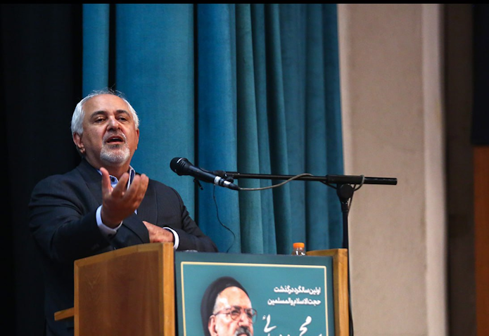 Former foreign minister Javad Zarif speaks at a ceremony commemorating the passing of moderate cleric Mahmoud Doaiee in Tehran, Iran on May 30, 2023. (Photo by Alireza Ramezani via Jamaran)