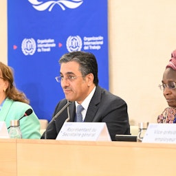 Qatari Minister of Labor Ali bin Samikh Al-Marri chairs a plenary session at the 111th International Labor Conference in Geneva, Switzerland on June 5, 2023. (Handout photo via Twitter/MOLQTR)