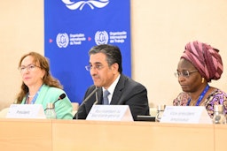 Qatari Minister of Labor Ali bin Samikh Al-Marri chairs a plenary session at the 111th International Labor Conference in Geneva, Switzerland on June 5, 2023. (Handout photo via Twitter/MOLQTR)