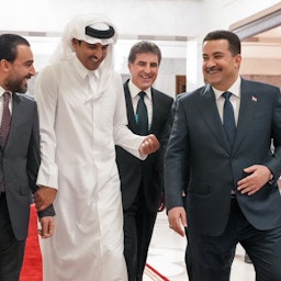 Emir of Qatar Sheikh Tamim bin Hamad Al Thani attends a dinner in his honor hosted by Iraqi Prime Minister Muhammad Shia’ Al-Sudani in Baghdad, Iraq on June 15, 2023. (Photo via mediaofspeaker/Twitter)