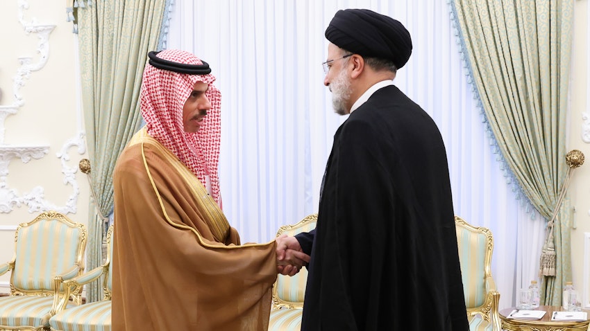 Iranian President Ebrahim Raisi meets Saudi Foreign Minister Faisal bin Farhan Al Saud in Tehran, Iran on June 17, 2023. (Photo via Iranian presidency)