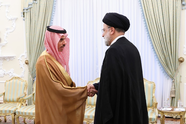 Iranian President Ebrahim Raisi meets Saudi Foreign Minister Faisal bin Farhan Al Saud in Tehran, Iran on June 17, 2023. (Photo via Iranian presidency)