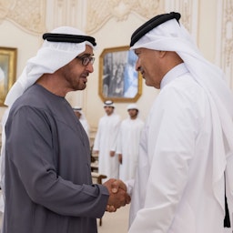 Emirati President Sheikh Mohammed bin Zayed Al Nahyan meets with Qatari Shura Council Speaker Hassan bin Abdullah Al-Ghanem in Abu Dhabi on Jun. 20, 2023. (Photo via ShuraQatar/Twitter)