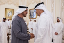 Emirati President Sheikh Mohammed bin Zayed Al Nahyan meets with Qatari Shura Council Speaker Hassan bin Abdullah Al-Ghanem in Abu Dhabi on Jun. 20, 2023. (Photo via ShuraQatar/Twitter)