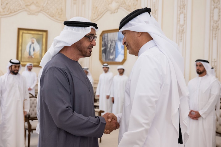 Emirati President Sheikh Mohammed bin Zayed Al Nahyan meets with Qatari Shura Council Speaker Hassan bin Abdullah Al-Ghanem in Abu Dhabi on Jun. 20, 2023. (Photo via ShuraQatar/Twitter)