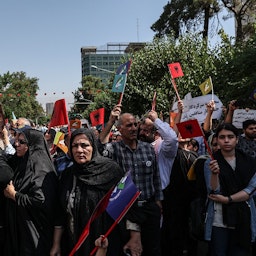Iranians gather outside the Turkish embassy in Tehran to commend Albania’s actions against the MEK on June 30, 2023. (Photo by Payam Sani via IRNA)