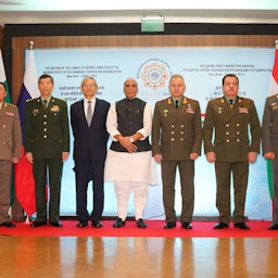 Shanghai Cooperation Organization defense ministers meet in New Delhi, India on Apr. 28, 2023. (Handout photo by Indian Ministry of Defense via Wikimedia Commons)