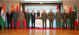 Shanghai Cooperation Organization defense ministers meet in New Delhi, India on Apr. 28, 2023. (Handout photo by Indian Ministry of Defense via Wikimedia Commons)