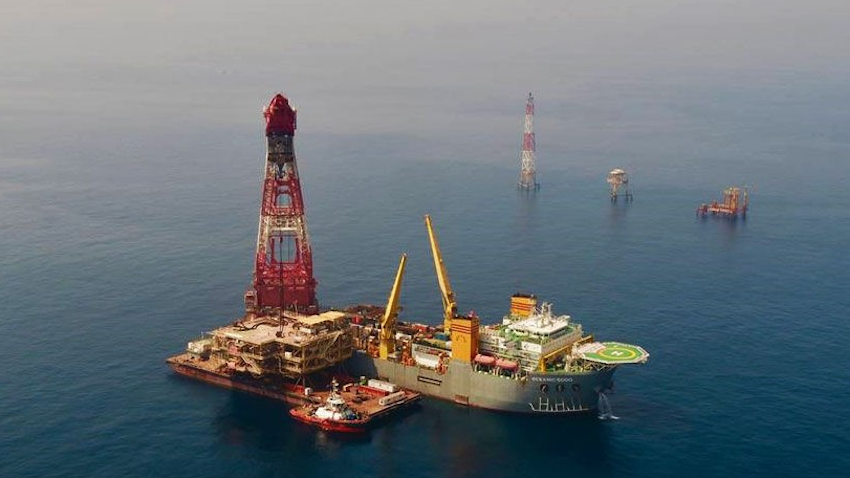 Platform installation of Phase 11 of the South Pars natural gas field in the Persian Gulf on June 28, 2023. (Photo via SHANA news agency)