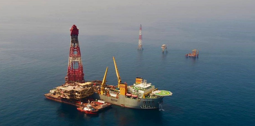 Platform installation of Phase 11 of the South Pars natural gas field in the Persian Gulf on June 28, 2023. (Photo via SHANA news agency)
