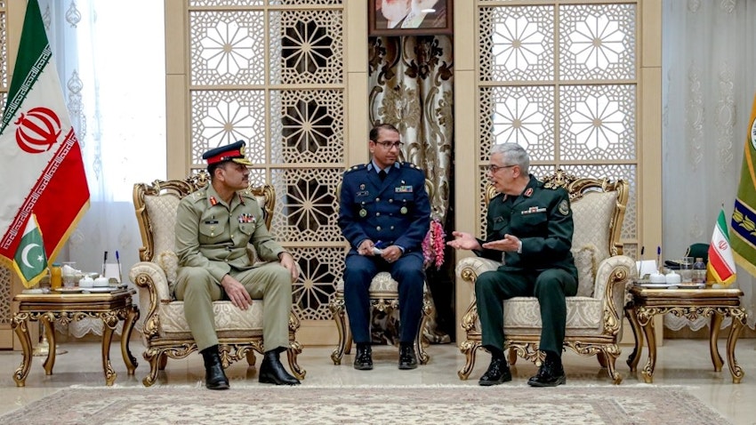 Iran's Chief of Staff of the Armed Force Mohammad Hossein Baqeri meets Pakistan's top military commander Asim Munir in Tehran, Iran on July 15, 2023. (Photo via Defa Press News Agency)