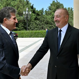 Nechirvan Barzani, President of the Kurdistan Region of Iraq, is received by Azerbaijani President Ilham Aliyev in Baku, Azerbaijan on July 18, 2023. (Photo via Azerbaijani presidency)