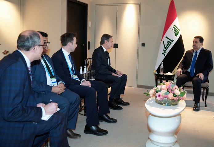 Iraqi Prime Minister Muhammad Shia’ Al-Sudani meets with US Secretary of State Antony Blinken in Munich, Germany, on Feb. 18, 2023. (Source: IraqiPMO/Twitter)