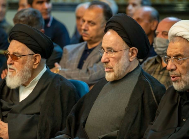 Iran’s former president Mohammad Khatami attends the funeral ceremony of Ayatollah Hassan Sanei in Tehran on June 22, 2023. (Photo via Jamaran)