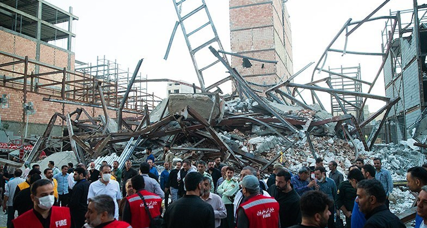 Remains of the five adjacent buildings that collapsed in quick succession in southern Tehran, Iran on Aug. 6, 2023 (Photo via Tasnim News Agency)