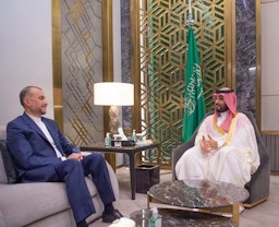 Iranian Foreign Minister Hossein Amir-Abdollahian and Saudi Crown Prince Mohammed bin Salman meet in Jeddah, Saudi Arabia on Aug. 18, 2023. (Source: KSAMOFA/Twitter)