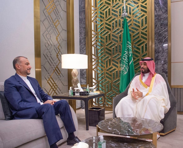Iranian Foreign Minister Hossein Amir-Abdollahian and Saudi Crown Prince Mohammed bin Salman meet in Jeddah, Saudi Arabia on Aug. 18, 2023. (Source: KSAMOFA/Twitter)