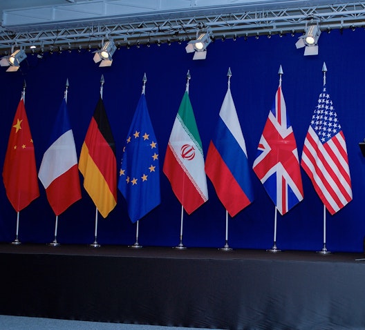 Flags of Iran, US and other negotiating members to the Iran nuclear deal on display at Lausanne, Switzerland on Apr. 2, 2015. (Photo via Wikimedia Commons)
