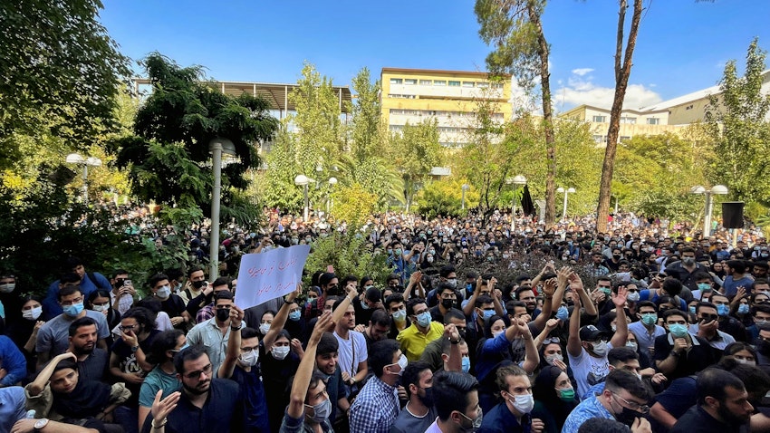 Students stage a rally at Amir Kabir University in Tehran, Iran on Sept. 20, 2022. (Photo by Darafsh via Wikimedia Commons)