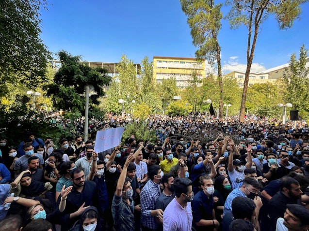 Students stage a rally at Amir Kabir University in Tehran, Iran on Sept. 20, 2022. (Photo by Darafsh via Wikimedia Commons)