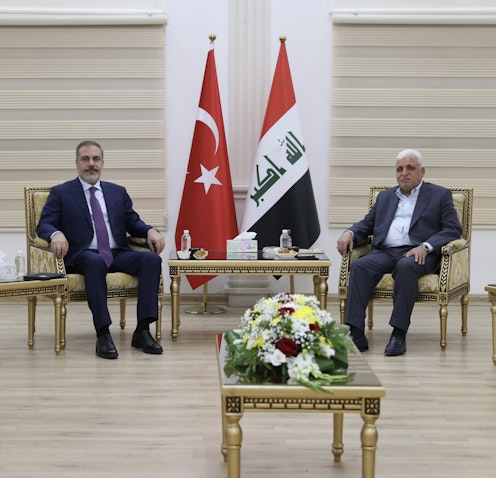 Turkish Minister of Foreign Affairs Hakan Fidan meeting with Falih Al-Fayyadh, Chairman of the Popular Mobilization Units (PMU), in Baghdad, Iraq on Aug. 23, 2023. (Source: MFATurkiye/Twitter)