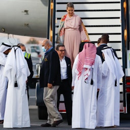 US citizens Siamak Namazi (C with glasses), Emad Sharqi (3rd-L) and Morad Tahbaz (C) are greeted upon their arrival in Doha, Qatar on Sept. 18, 2023. (Photo via Getty Images)